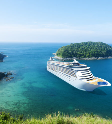 Cruise ship in the ocean with blue sky