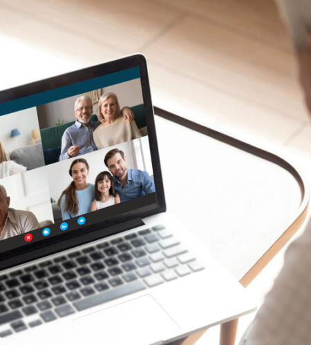 Elderly man speak with relatives